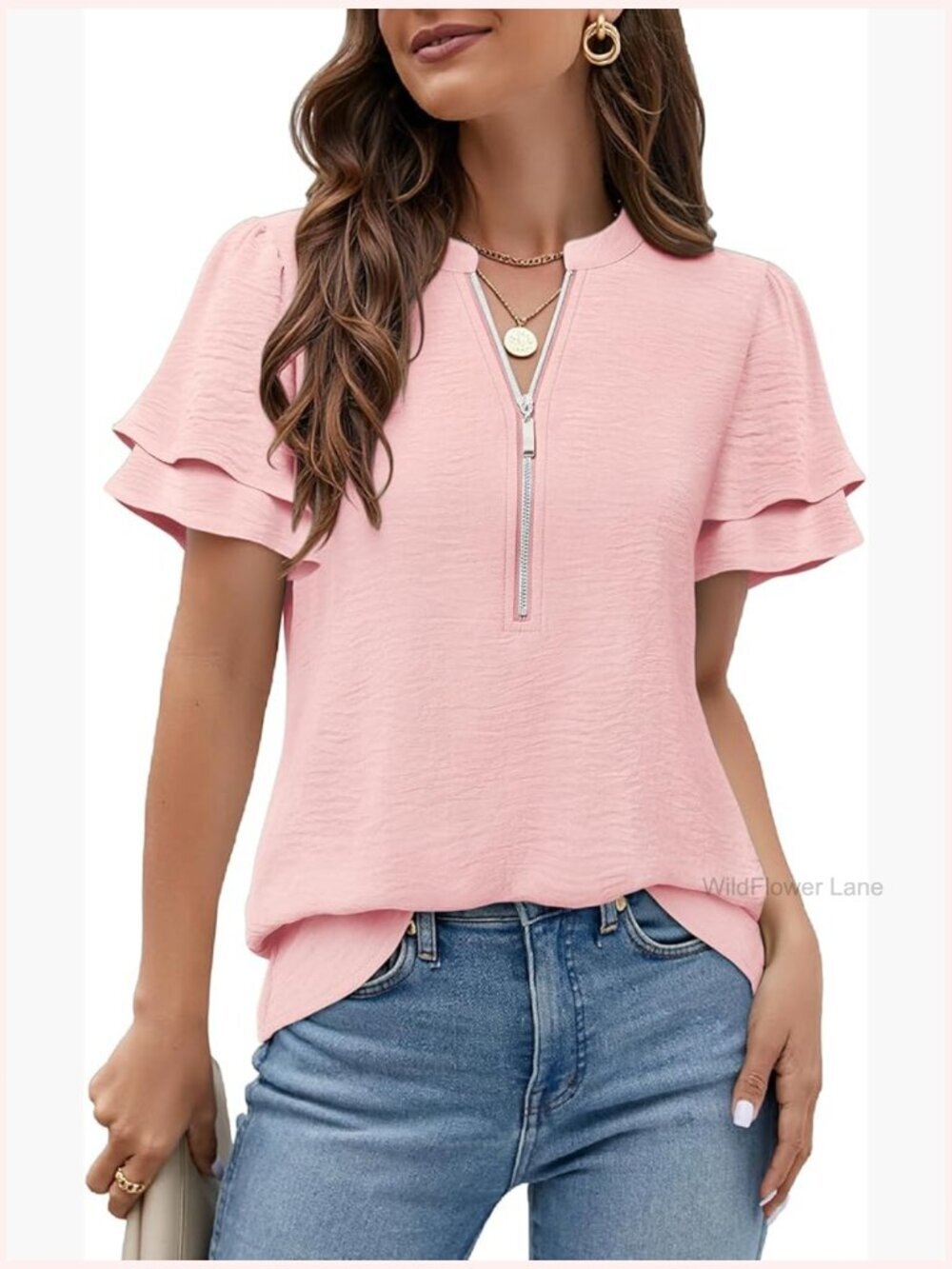 Dressy Casual Ruffle Short Sleeve V Neck Zipper Blouse Tunic Top